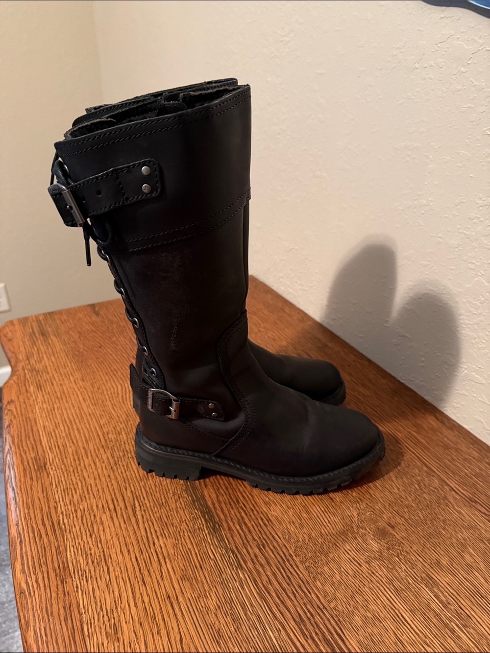 Harley-Davidson Black Leather Lace-Up Tall Motorcycle Boots with Buckles